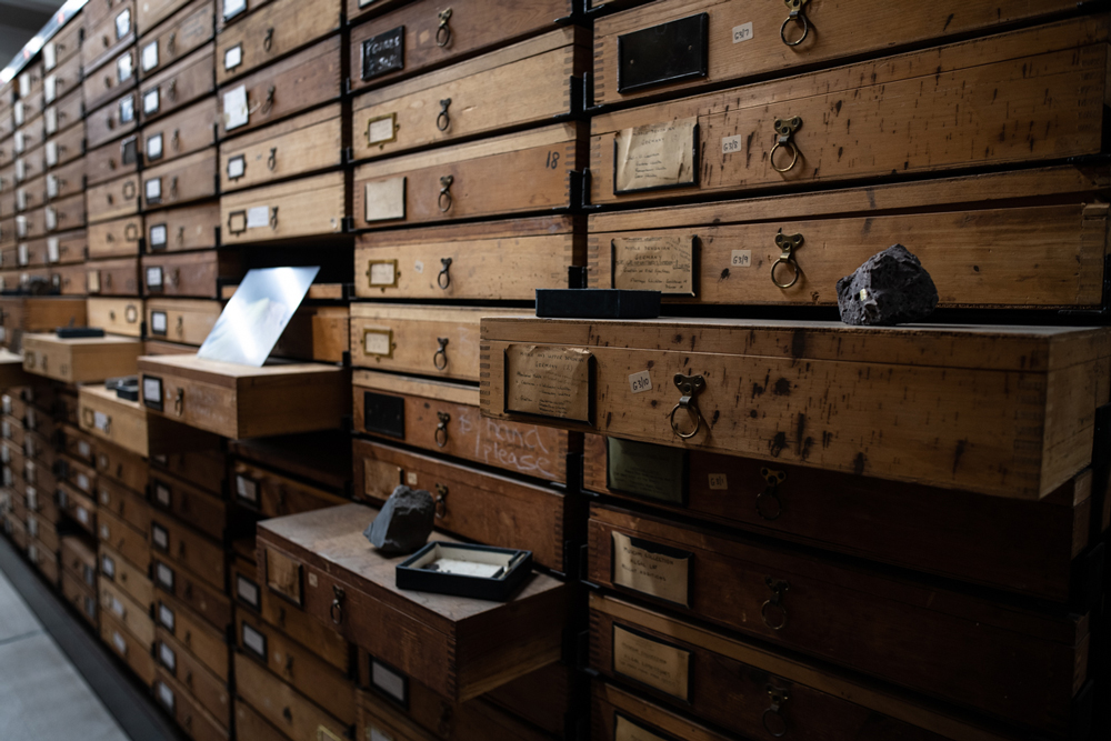 View of an installation of 'The Mapping of Jan Mayen' in the Univeristy of Bristol geological stores.