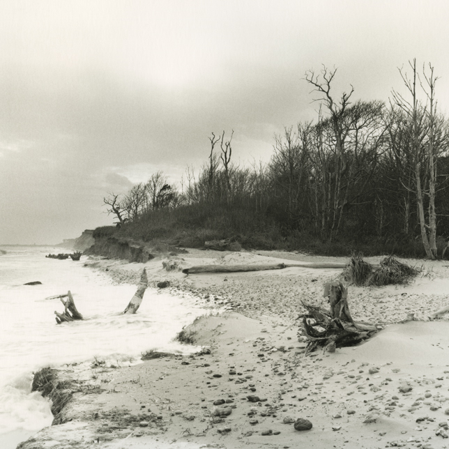 Black and white photograph of an eroding shoreline